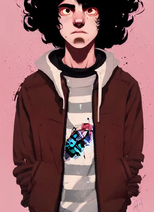 Prompt: highly detailed portrait of a sewer punk guy student, black hair, brown eyes, tartan hoody, curly hair by atey ghailan, by greg rutkowski, by greg tocchini, by james gilleard, by joe fenton, by kaethe butcher, gradient pink, brown, light blue and white color scheme,