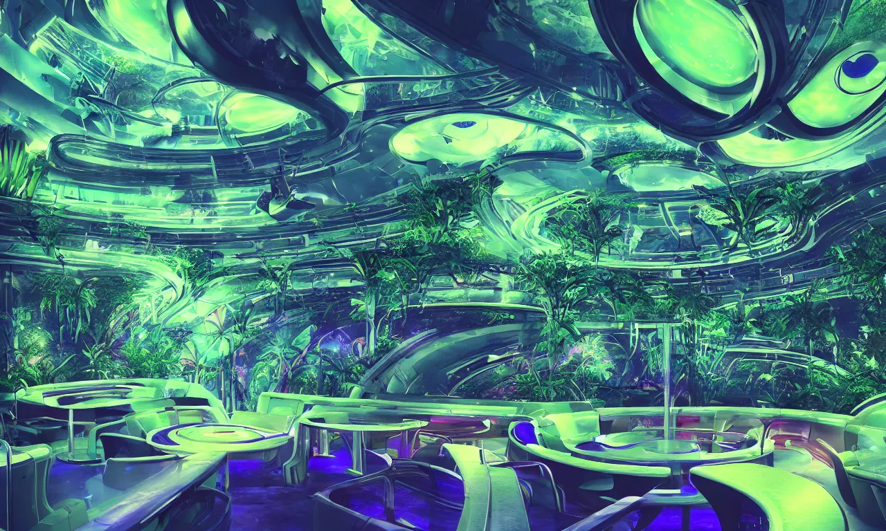 Prompt: interior shot of paradise inside of a spaceship for humans in deep space, night club vibes, celestial objects in the background outside massive windows, natural, green plants, water features, waterfalls, neon lights, epic cinematic composition, vibrant colors, fine details, hyperrealism, photograph