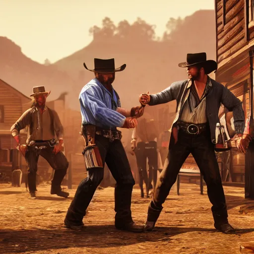Image similar to a saloon fight between cowboys in the style of rockstar red dead redemption 2, concept art, 8 k, trending on artstation, brushstrokes
