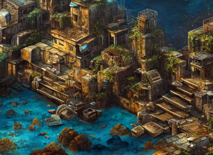 Image similar to ancient ruins favela, underwater environment, scenery, professional, award - winning, trending on artstation, hyper detailed, realistic, beautiful, emotional, shiny, golden, picture