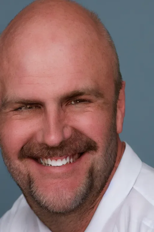 Image similar to full body color photograph of a balding, middle aged, brown haired, hairy, blue eyed, round faced, short white man dressed in a white shirt, smiling at the camera with perfect, straight white teeth