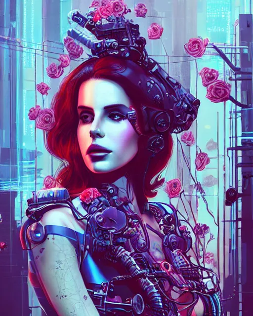 Image similar to portrait of lana del rey as a cyberpunk cyborg. sci - fi intricate abstract upper body intricate artwork, roses, rose petals by tooth wu, wlop, beeple, dan mumford. concept art, octane render, trending on artstation, greg rutkowski, asymmetrical, cinematic arthouse, key art, hyper realism, iridescent accents