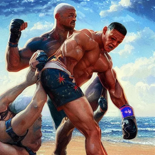 Image similar to John Cena fights Will Smith on the beach, intricate, stunning, highly detailed, digital painting, artstation, concept art, smooth, sharp, focus, illustration, art by artgerm and greg rutkowski and alphonse mucha