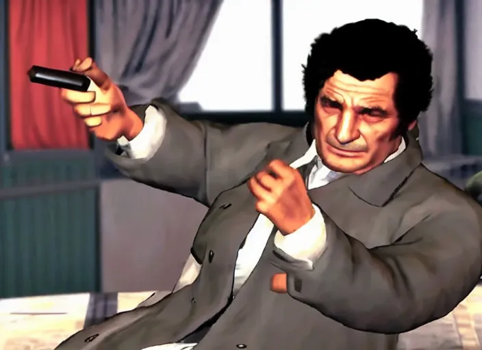 Image similar to video game still of police detective columbo ( played by young peter falk ) in his messy trenchcoat, smoking a cigar while rubbing his head in the video game yakuza zero