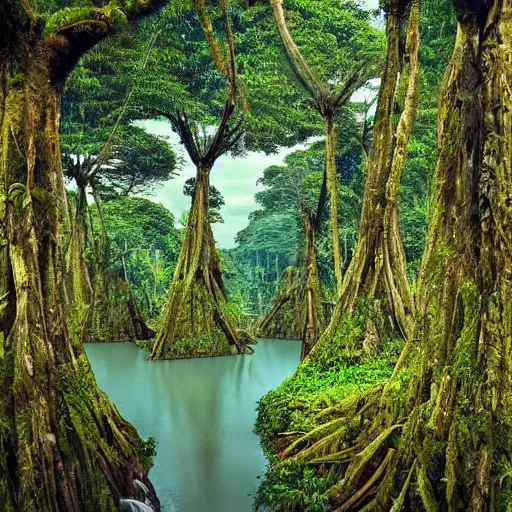 Image similar to magical trees and the amazon river in the amazon rainforest by anderson debernardi and pablo amaringo