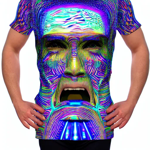 Prompt: product photo of a tshirt with a hyperdetailed portrait of a futuristic trippy smiling robot head, 8 k, symetrical, flourescent mulicolored, halluzinogenic