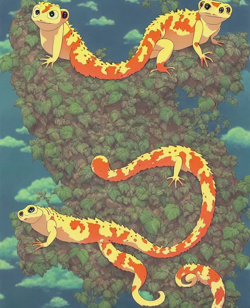 Image similar to beautiful painting from the anime film by studio ghibli, multi colored geckos, drooling, fur, trending on artstation, by MC Escher