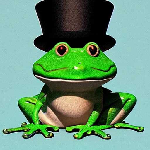 Image similar to “ frog wearing top hat sitting in front of a lamp, realistic, whimsical, volumetric lighting, 3 d ”