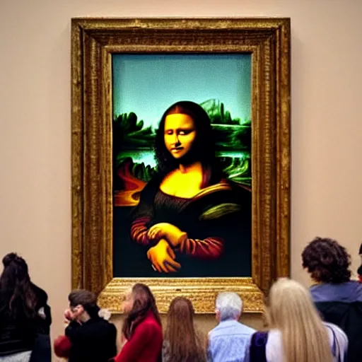 Prompt: picture of people watching the mona lisa painting but it's vandalized with a graffiti