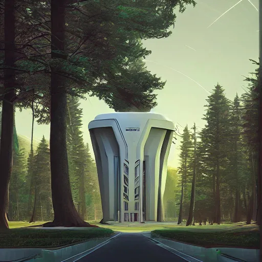 Image similar to a painting of a futuristic building surrounded by trees, an art deco painting by Beeple, cgsociety, retrofuturism, artstation hq, matte painting, biomorphic