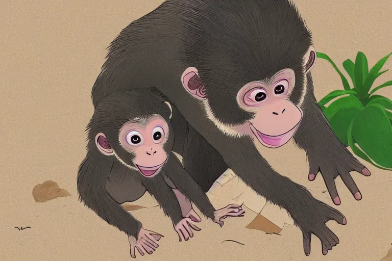 Image similar to high definition illustration of a monkey holding its baby in its lap, while walking along the beach, studio ghibli style, highly detailed, fun,