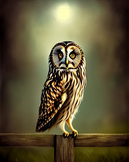 Image similar to an extremely detailed masterpiece painting of a short - eared owl on a wooden fence post, in the style of brian froud, brian despain, brian bolland, digital art, unreal engine, volumetric lighting, dark moody lighting, trending on artstation, photorealistic, epic scene