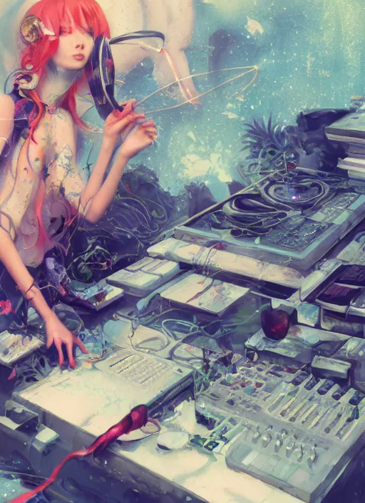 Image similar to surreal gouache painting, by yoshitaka amano, by ruan jia, by Conrad roset, by good smile company, detailed anime 3d render of a medicine pills Surrounded by a magical dragonfly and a big DJ Mixer, deck, portrait, cgsociety, artstation, rococo mechanical and Digital and electronic, dieselpunk atmosphere