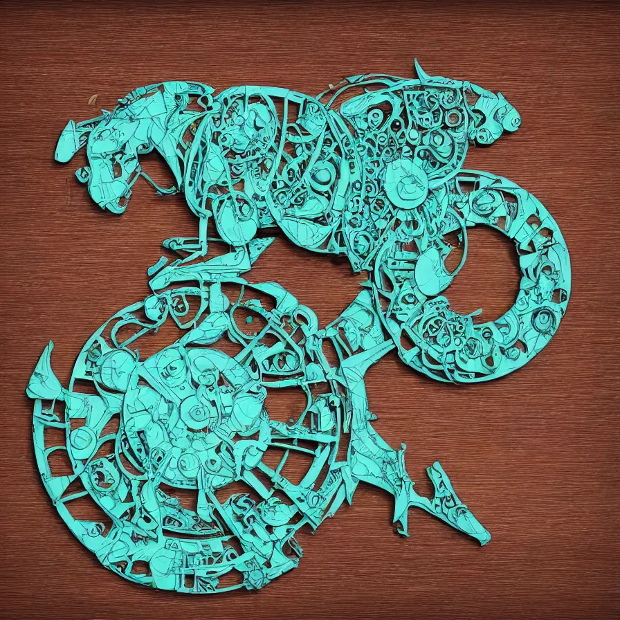 Image similar to beautiful gallery show studio photograph of a giant realistic round biomechanical ceramic sculpture of a plough horse, fractal 3 d structure, celadon glaze, placed on a polished wooden table, colorful hyperrealism 8 k trending on artstation