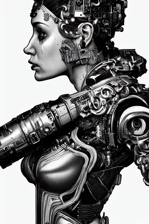 Prompt: sideview waist up portrait of beautiful cyborg woman by sandra chevrier laurie greasley gustave dore, cybernetics, low contrast, cinematic dramatic lighting, hyper realistic detailed intricate render, hypermaximalist, ornate, epic composition, 4 k 8 k, cryengine octane, sharp focus, concept art, masterpiece