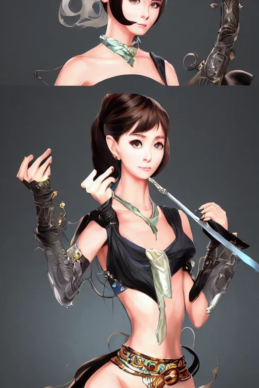 Image similar to Audrey Hepburn in a blade and soul spinoff artbook rendered by the artist Hyung tae Kim and Tin Brian Nguyen, trending on Artstation by Hyung tae Kim, artbook, Taran Fiddler and Tin Brian Nguyen