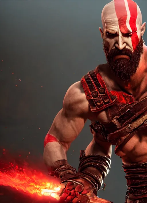 Image similar to red facial stripe armored screaming kratos rocking hard on a flaming stratocaster guitar, cinematic render, god of war 2 0 1 8, playstation studios official media, lightning, flames, clear, coherent, guitar