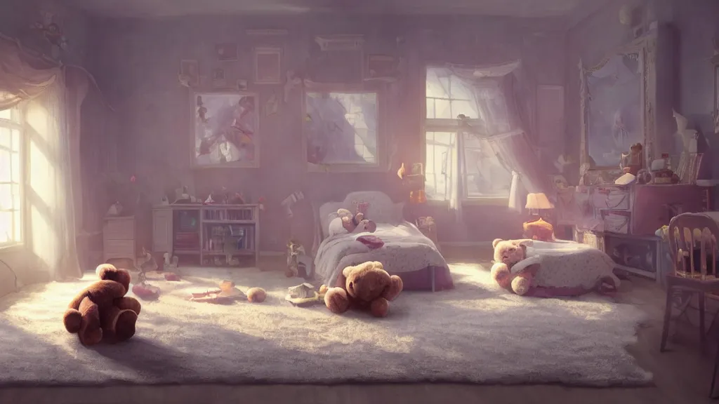 Image similar to a Photorealistic hyperrealistic render of an interior of a spoiled child's beautiful bedroom with a giant teddy bear sitting on the floor by PIXAR,Greg Rutkowski,WLOP,Artgerm,dramatic moody sunset lighting,long shadows,Volumetric, cinematic atmosphere, Octane Render,Artstation,8k