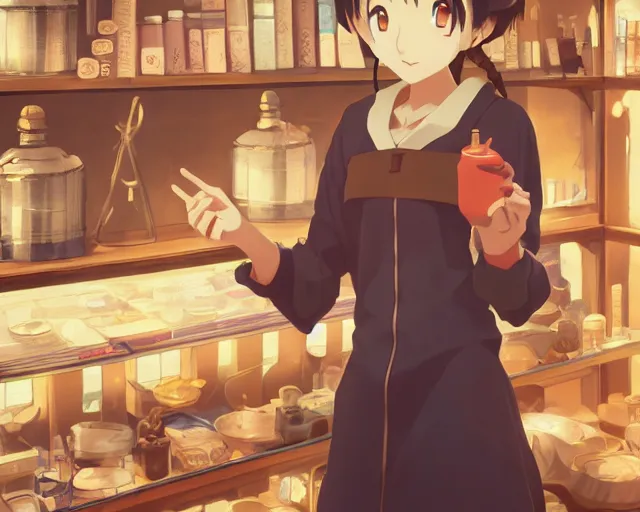 Prompt: anime visual, portrait of a young female traveler in a alchemist's shop interior, cute face by yoh yoshinari, katsura masakazu, studio lighting, dynamic pose, dynamic perspective, strong silhouette, anime cels, ilya kuvshinov, cel shaded, crisp and sharp, rounded eyes, moody