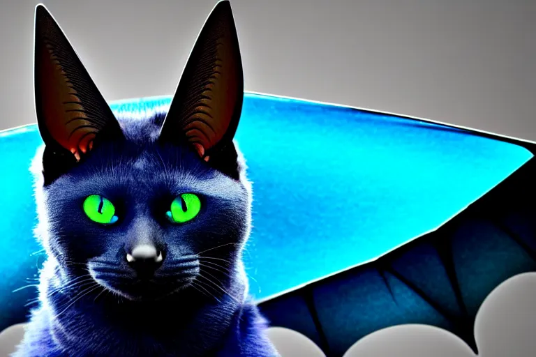 Image similar to a blue - and - black male blue / green heterochromatic catbat fursona with blue / green heterochromatic eyes ( differently - colored eyes, one green, one blue ) and huge bat ears, photo of the catbat streaming on his computer