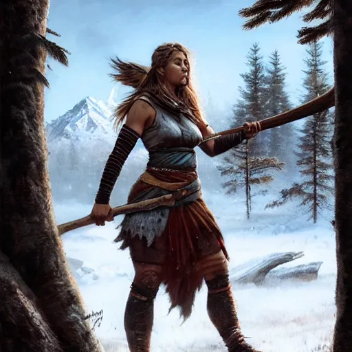 Image similar to a warrior, female, she carries an axe, the axe is resting on her shoulder, she is grabbing a nearby tree, looking onto the horizon, a big wolf is next to her, fall, mountain landscape, portrait by magali villeneuve and ames jean and artgerm and greg rutkowski, 4 k, artstation, realistic, cinematic composition, d & d