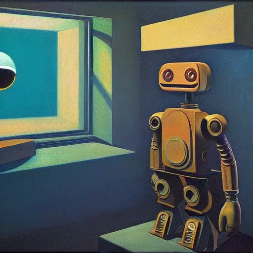 Prompt: a mesmerized robot with large glowing eyes staring at a control panel, portrait, pj crook, grant wood, edward hopper, syd mead, chiaroscuro, oil on canvas