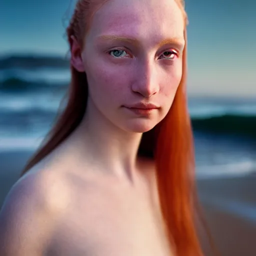 Prompt: high detail photographic portrait of a stunningly beautiful english renaissance female with small tattoo in soft dreamy light at sunset, beside the sea, soft focus, contemporary fashion shoot, hasselblad nikon, in a denis villeneuve movie, by edward robert hughes, annie leibovitz and steve mccurry, david lazar, jimmy nelsson, hyperrealistic, perfect face