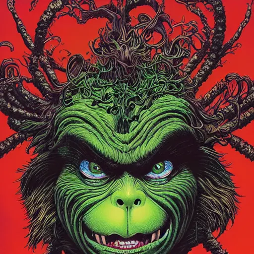 Image similar to portrait of crazy grinch, symmetrical, by yoichi hatakenaka, masamune shirow, josan gonzales and dan mumford, ayami kojima, takato yamamoto, barclay shaw, karol bak, yukito kishiro