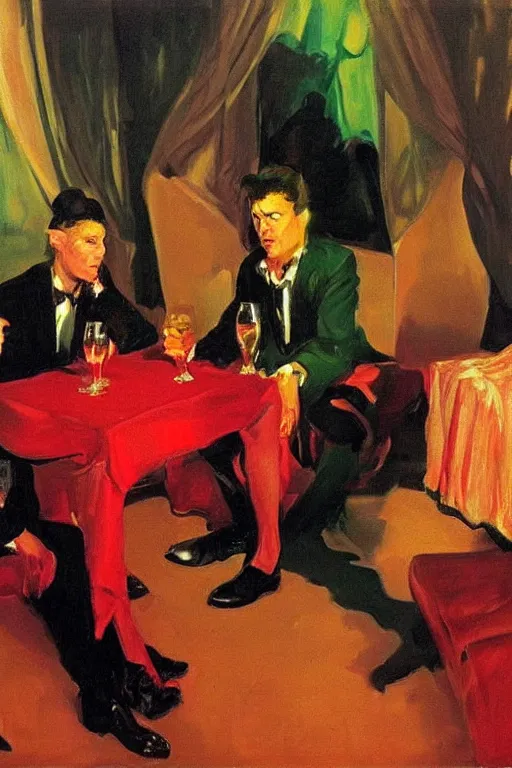 Image similar to glam rockers drinking wine, inside a tiny green room with red lights by joaquin sorolla, bill sienckiwicz, extremely detailed