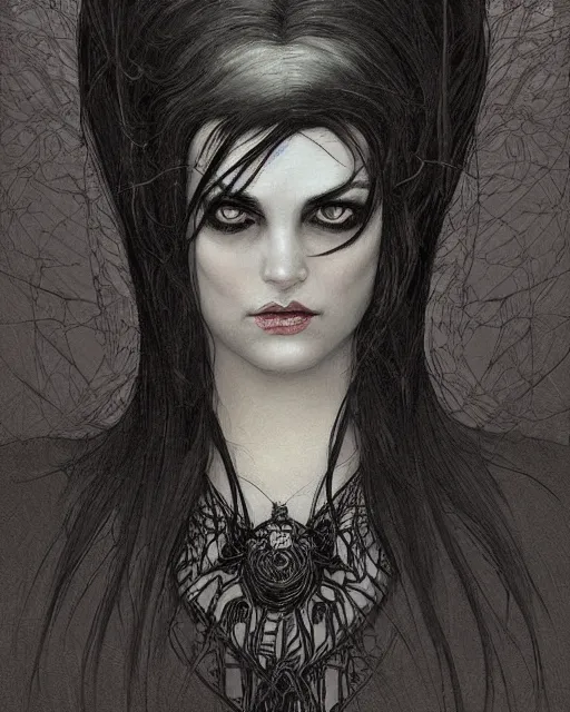 Image similar to portrait of evil a tall 4 0 - year - old woman with thin lips, heavy - lidded eyes, a strong jaw and long, thick shining black hair, thick eyebrows and long eyelashes, wearing in black clothes, hyper realistic face, beautiful eyes, fantasy art, in the style of greg rutkowski, intricate, alphonse mucha, hyper detailed, smooth