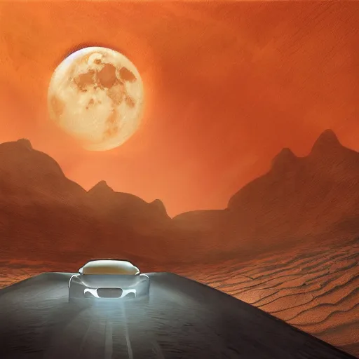 Image similar to someone driving at night with the moon in the sky, desert, concept art, fantasy, intricate, highly detailed, digital painting, elegant