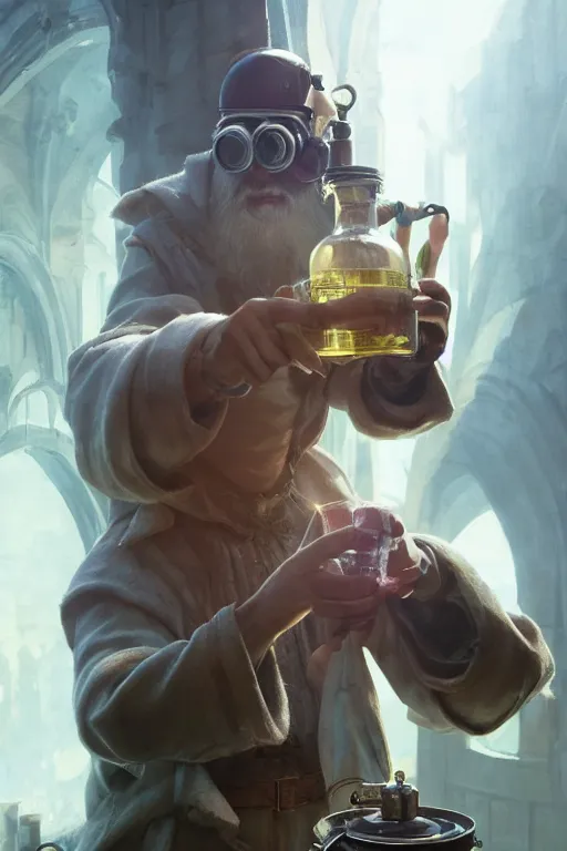 Image similar to An Alchemist inspecting a potion in his hand with goggles on by Greg Rutkowski, 4k photorealistic, volumetric lighting, HD, high details, dramatic, trending on artstation