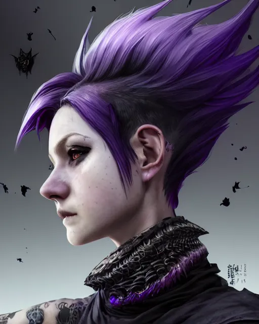 Prompt: Portrait of rugged adult female witch, fantasy, pixie undercut hairstyle, black to purple fade hairstyle, dragon scales across hairline, intricate, highly detailed, digital painting, artstation, concept art, sharp focus, art by Akihiko Yoshida, Greg Rutkowski, 4k resolution, nier inspired, graffiti inspired, vibrant but dreary