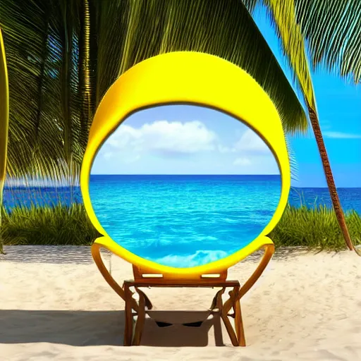 Prompt: an amazing award winning photo of a huge smiling lemon with sunglasses sitting in a beach chair on a beautiful beach resort, digital art, masterpiece, very detailed