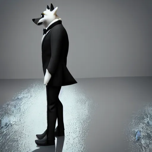 Prompt: 3 d render of a wolf as a gentleman wearing tuxedo in the pixar style, smooth render, unreal engine 5, wet reflections