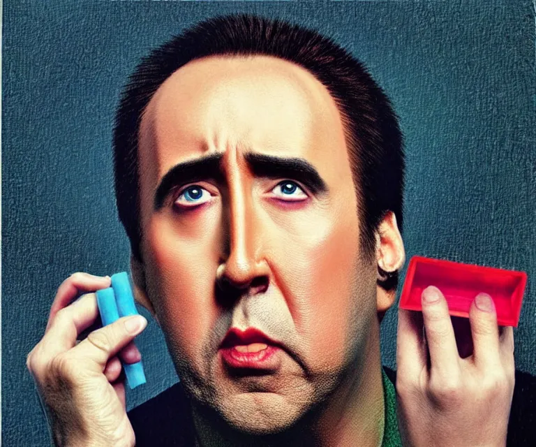 Image similar to “ nicholas cage as sad batman, eating crayons from the box, simple, hyperrealism, photorealistic, 8 k, high def ”