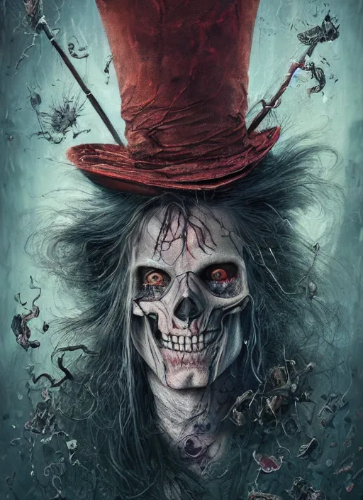 Prompt: mad hatter the magician tarot card, highly detailed, half skull face, cinematic, 8 k, by stanley artgermm, tom bagshaw, greg rutkowski, carne griffiths, ayami kojima, beksinski, giger, trending on deviantart, hyper detailed, horror, full of colour