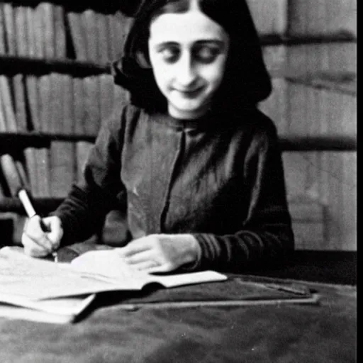 Image similar to Photograph of Anne frank writing in her diary in the attic