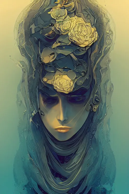 Image similar to 👁🌹👾, phantom, dreary, dramatic, fluid, golden ratio, artstation, moebius + loish, hd,