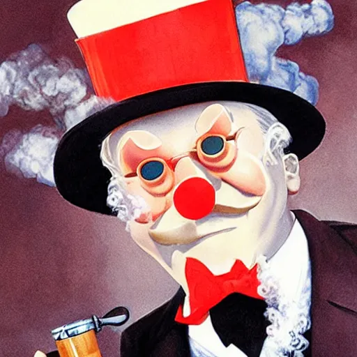 Prompt: uncle pennybags holding a Sherlock pipe, melting smoke clouds, drawing by Alex Ross