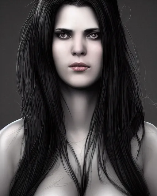 Image similar to portrait of a tall 4 0 - year - old woman with thin lips, long, voluminous black hair, and thick eyebrows, wearing in black clothes, hyper realistic face, beautiful eyes, character art, art by mark brooks, hyperdetailed, cryengine, trending on artstation, digital art