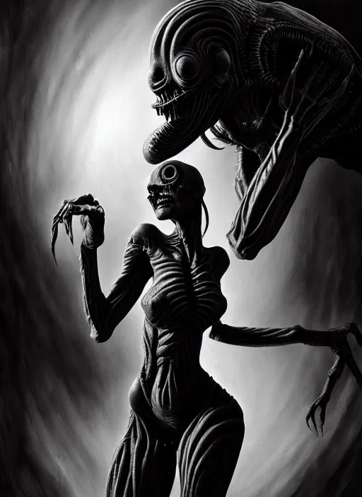 Image similar to ultra realist black and white horror painting of a dimly lit attractive alien female and hellish creature together, very intricate details, focus, curvy figure, model pose, full frame image, artstyle hiraku tanaka and craig mullins, award winning