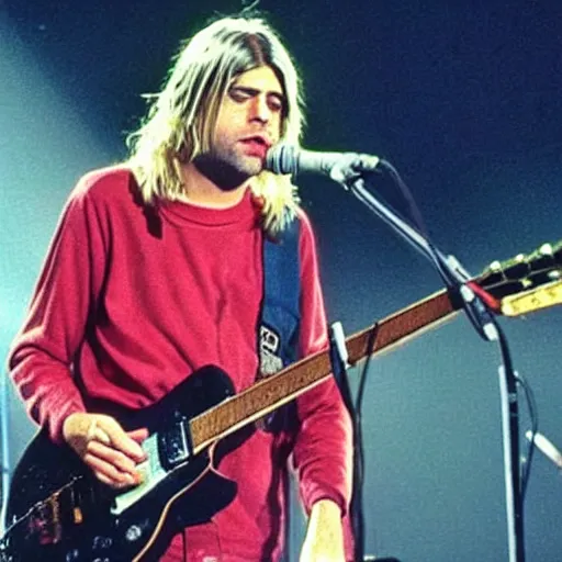 Prompt: Kurt Cobain (Nirvana) on stage at a concert at 52 years old, 2022, alternate reality picture