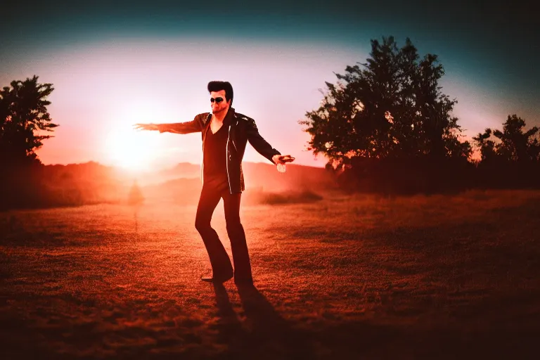 Image similar to 5 0 mm dslr photograph of a moody elvis presley at sunset, ethereal dancing in the center, photography, panoramic view, hyperdetailed, lightroom preset, photorealistic, unsplash