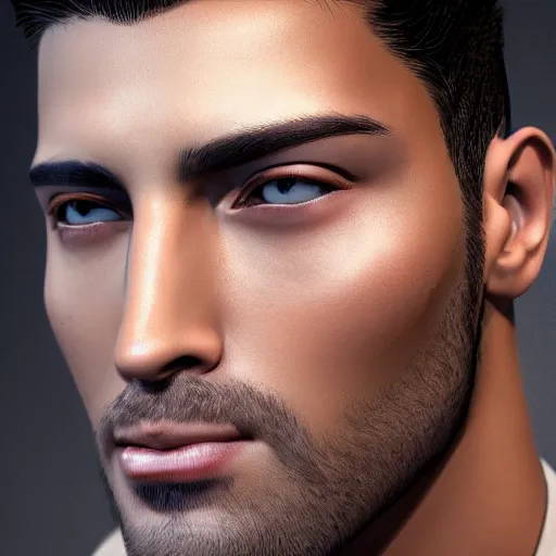 Image similar to an extremely handsome man with tan shiny skin, well-gelled hair, photorealistic imagery, trending on artstation, 4k, 8k