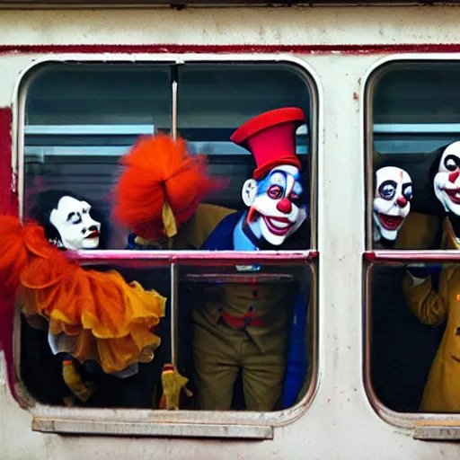 Prompt: a train full of clowns in the windows