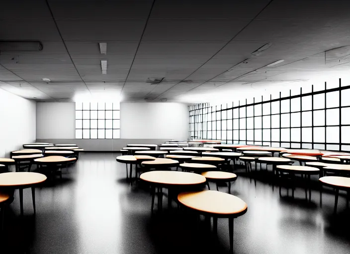 Prompt: cinematic photograph of a large white empty breakroom, retrofuturist liminal space, hundreds of old faux wood tables, crt tv mounted, trypophobia architecture, familiar place, clean, black mold, warm light, amateur, soft vintage glow, unreal engine, photorealistic, trending on artstation