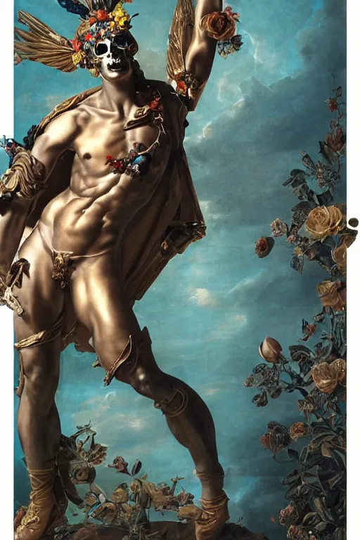 Image similar to a young handsome Spanish metal android with a large glowing battery in the center of his chest in a full-body bronze cyberpunk style statue of Icarus with glowing blue eyes, crown of peach roses, flowing teal-colored silk, fabric, flowers. baroque elements, human skull. full-length view. baroque element. intricate artwork by caravaggio. many many birds birds on background. Trending on artstation, octane render, cinematic lighting from the right, hyper realism, octane render, 8k, depth of field, 3D