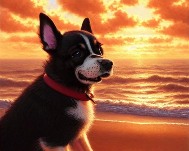 Image similar to a cute smiling puppy with its eyes shut on a very windy day, at the sea, wind blowing through the dogs fur, strong wind, closed eyes, highly detailed, hyperrealistic, intricate, sunset in the background, rays of golden red sunlight, oil painting by greg rutkowski and artgerm and wlop