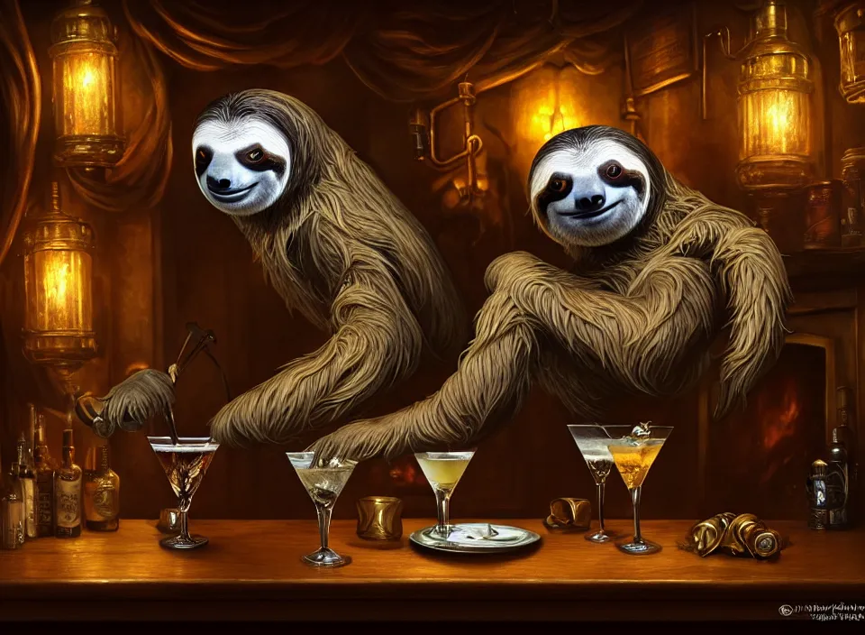 Prompt: sloth anthro as dapper drinking patron, dimly-lit cozy tavern, relaxed poses, fantasy art, detailed painterly digital art style by Rolf Armstrong, d&d vibe, fireplace, furaffinity, 🍸, 8k octane beautifully detailed render, post-processing, extremely hyperdetailed, intricate, epic composition, grim yet sparkling atmosphere, cinematic lighting + masterpiece, trending on artstation, very detailed, vibrant colors